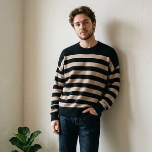 Naadam Mens Sweater Large Black Tan Striped Cashmere Crew Neck Pullover Luxury